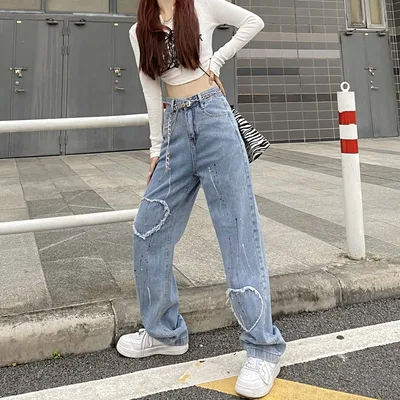 Design Brushed Heart Patch Straight Jeans Without Belt Chain - Shop at LoveMi