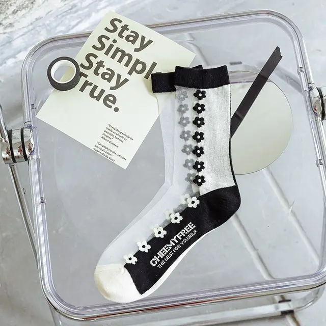 Cool Crystal Glass Silk Heart Socks Black And White Flowers - Shop at LoveMi