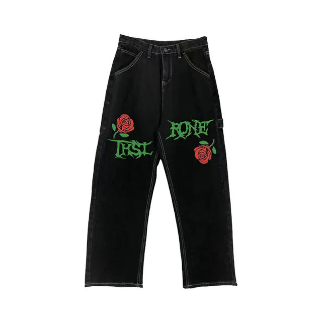 Rose Letters Vintage Street Wash Straight Jeans Black - Shop at LoveMi