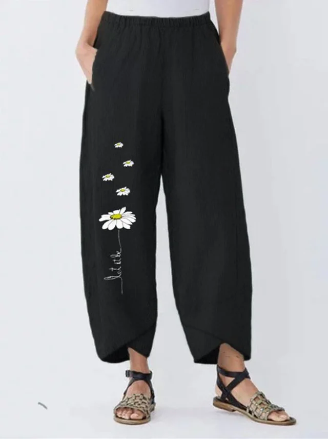Cotton Linen Women's Cartoon Daisy Print Elastic Waist Casual Pants Black - Shop at LoveMi