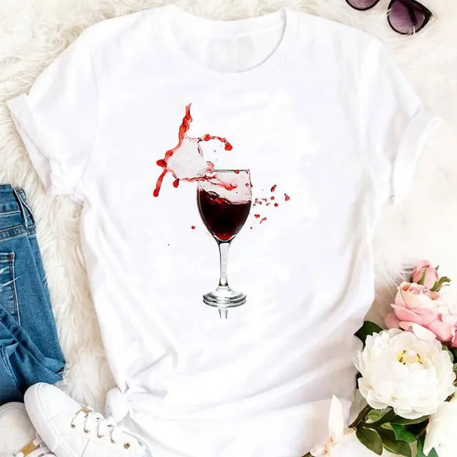 Women Printing Clothing Wine Lady Short Sleeve Casual White24805 - Shop at LoveMi