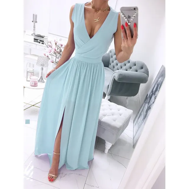 Women's Summer Sleeveless And Ankle Skirt Solid Color V neck Front Split Long Dress Light Green - Shop at LoveMi