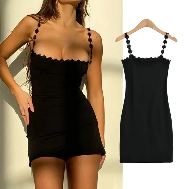 Solid Color Package Hip Skirt Tight Lace Suspender Dress Black - Shop at LoveMi