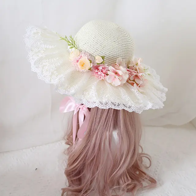 Sun Hat Travel Photo Flower Bow Lace Large Wide brimmed Sun Hat Light Pink - Shop at LoveMi