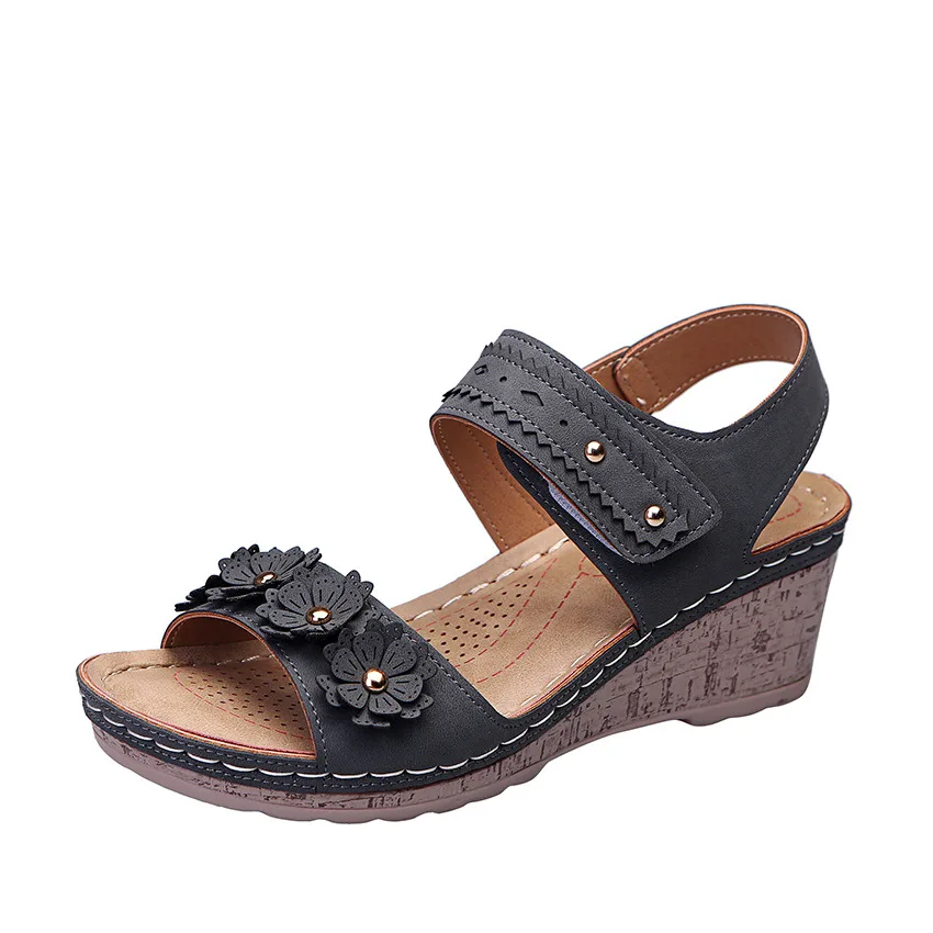 Wedge Heel Laser Cutout Stud Flower Sandals Women's Fish Mouth Grey - Shop at LoveMi