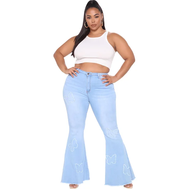 Slim Fit Butterfly Embellished Wide Leg Plus Size Flared Pants Light Blue - Shop at LoveMi