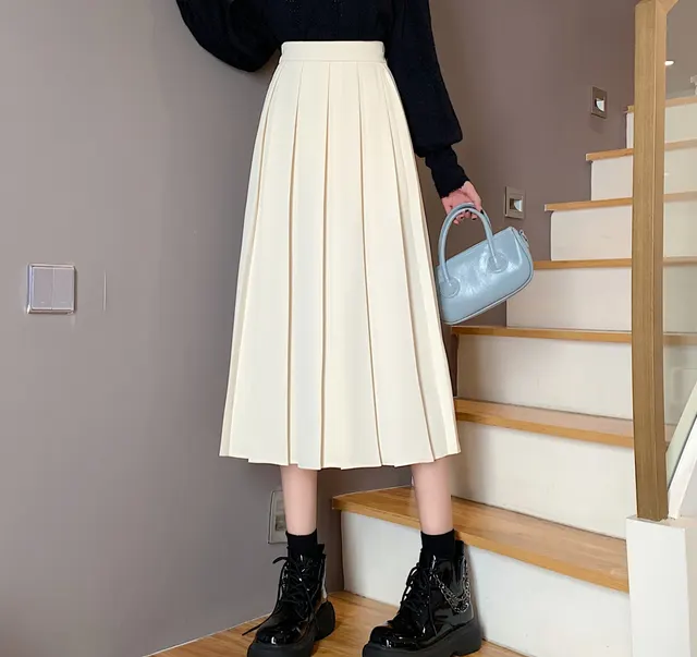 Mid Length High Waist A Line Umbrella Skirt Apricot - Shop at LoveMi