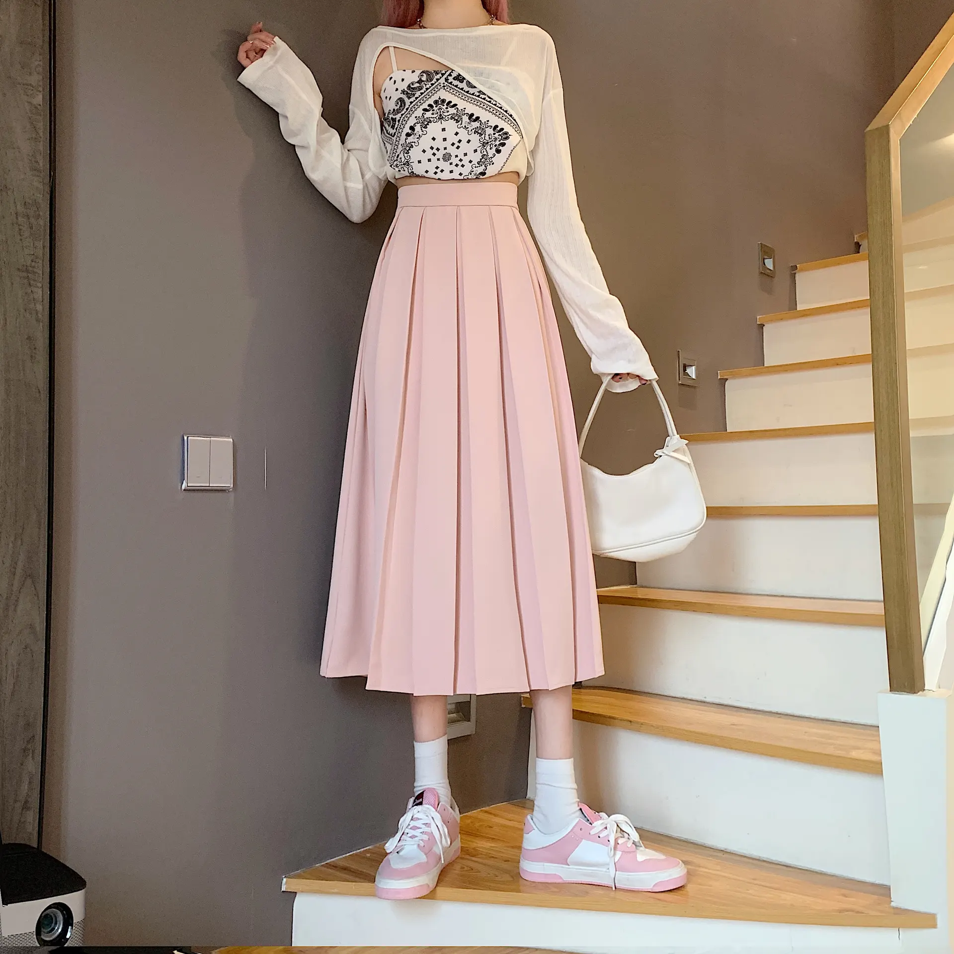 Mid Length High Waist A-Line Umbrella Skirt - Pink