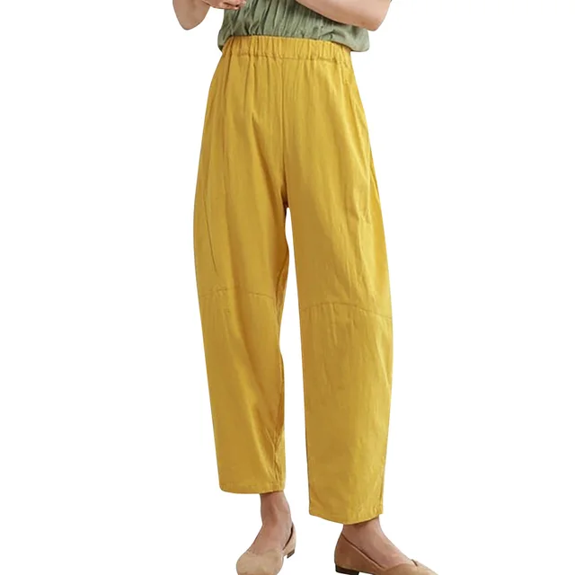 Large Size Loose Simple Pocket Cotton Linen Casual Trousers Women Yellow - Shop at LoveMi
