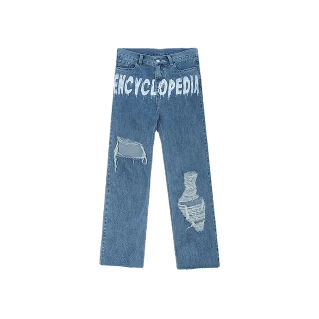Loose And Simple Blue Printed Ripped Jeans With A Sense Of Design Blue - Shop at LoveMi