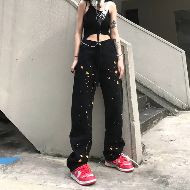 Ink Wide Leg Jeans Women's High Waist Large Size Loose Black - Shop at LoveMi