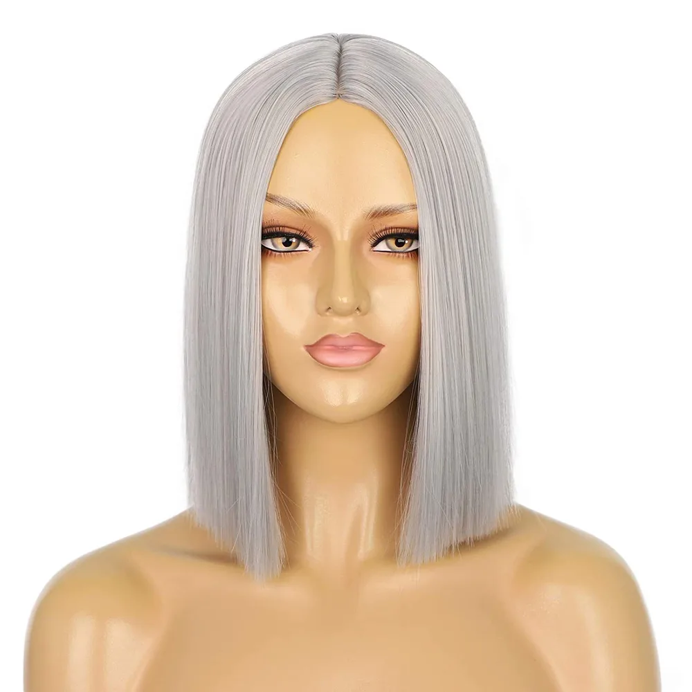 Women's Short Straight Hair Bangs Chemical Fibre Wig Head Cover - Silver Grey - View 1