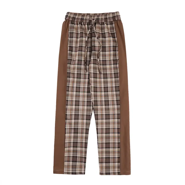 Contrast Elastic Waist Straight Panel Plaid Casual Pants Brown - Shop at LoveMi