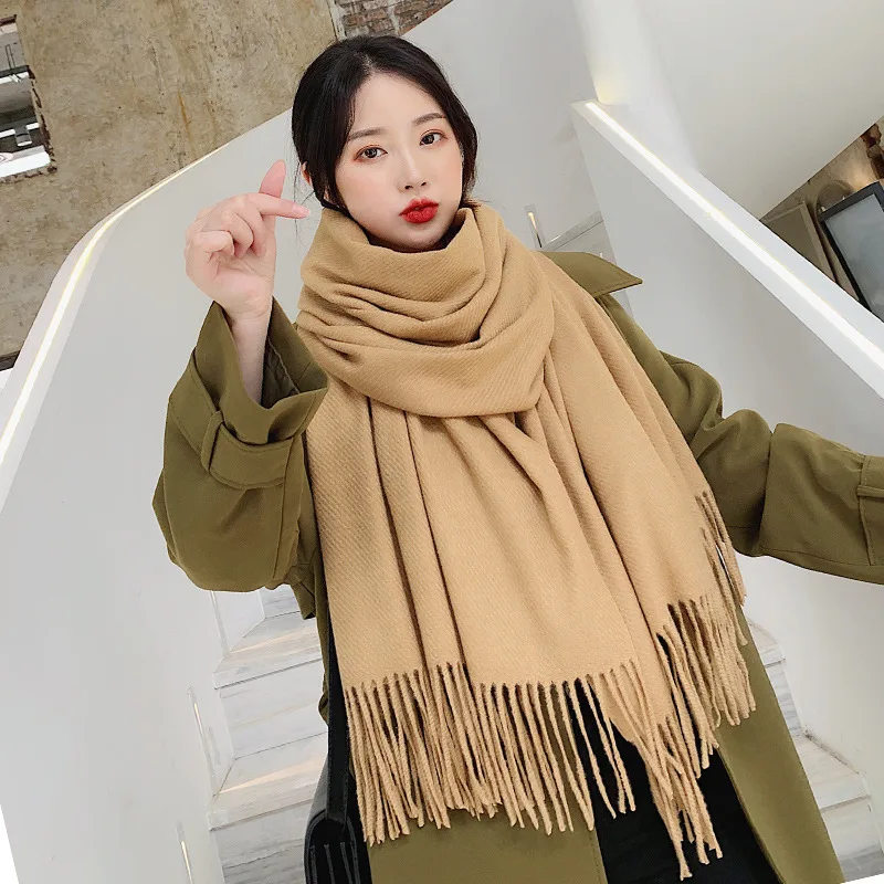 Women's Solid Color Thickened Cotton Cashmere Scarf - Camel