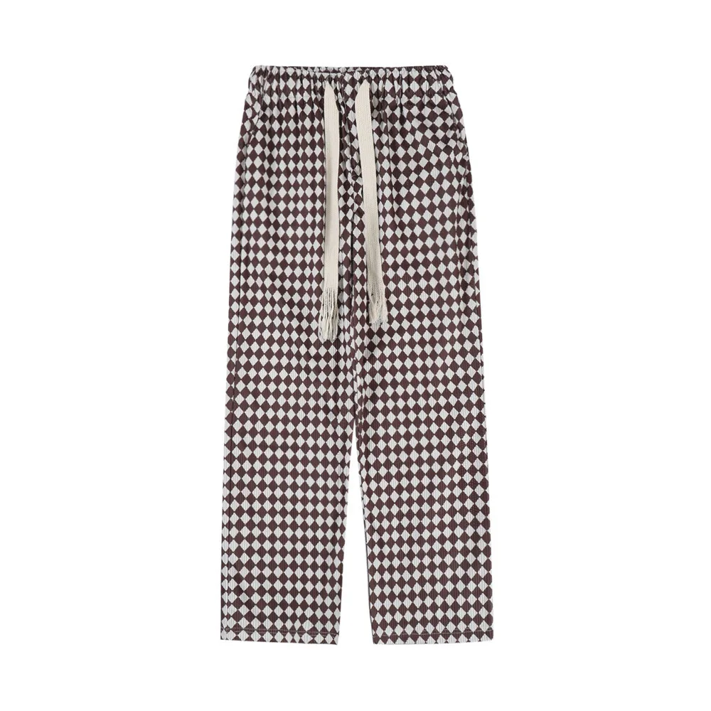 Elastic Waist Wide Leg Diamond Check Casual Pants Brown - Shop at LoveMi