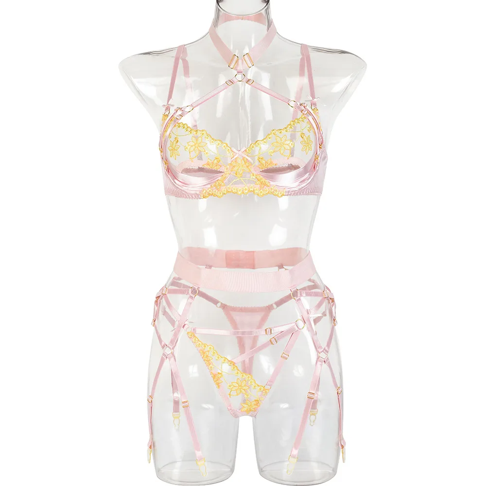Hanging Neck Hollow Satin Stitching Three-piece Set - Pink