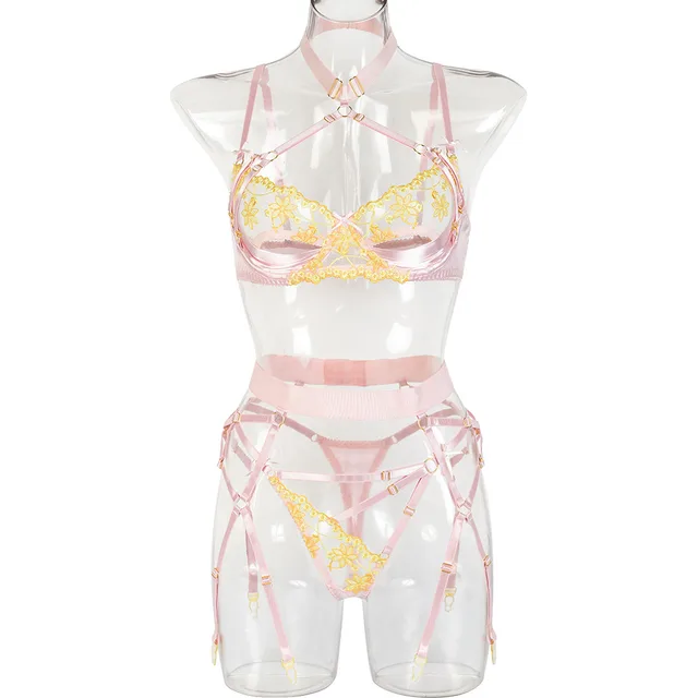 Hanging Neck Hollow Satin Stitching Three piece Set Pink - Shop at LoveMi