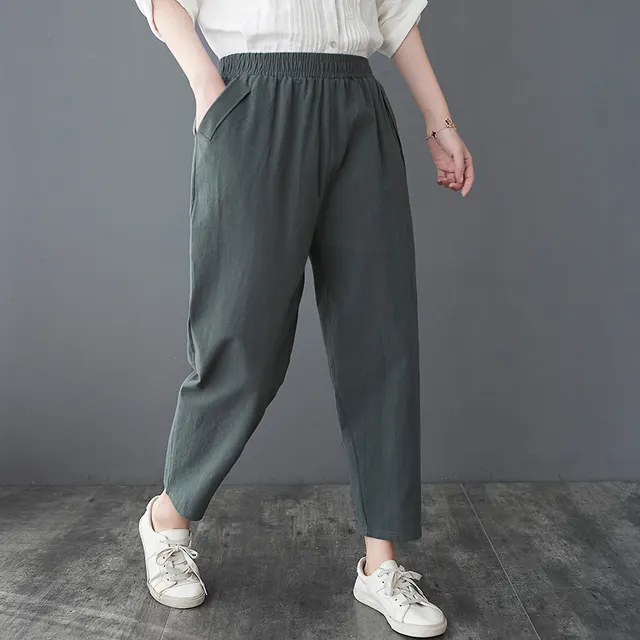 Loose Harem Casual Cotton And Linen Thin Cropped Pants Green - Shop at LoveMi