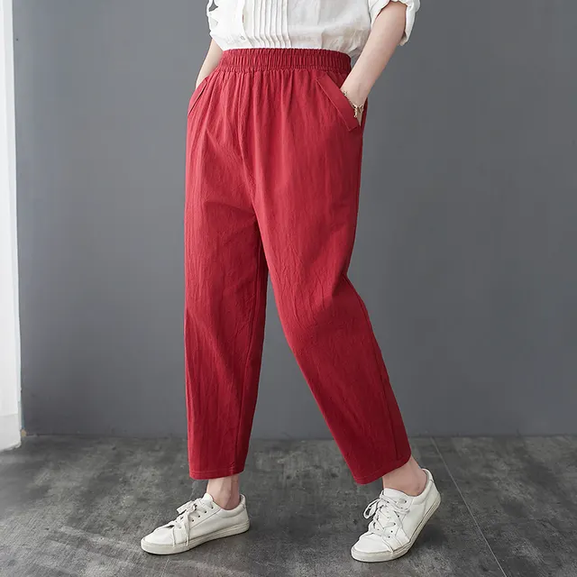 Loose Harem Casual Cotton And Linen Thin Cropped Pants Wine Red - Shop at LoveMi