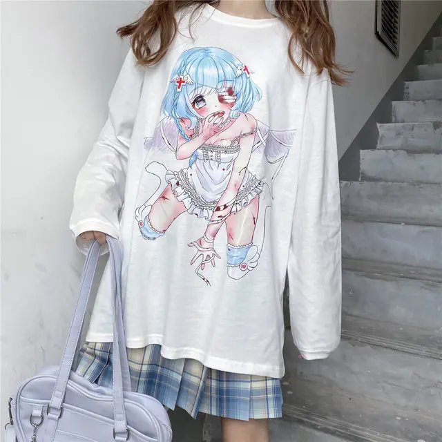 Women's Anime Long Sleeve Round Neck T shirt White - Shop at LoveMi
