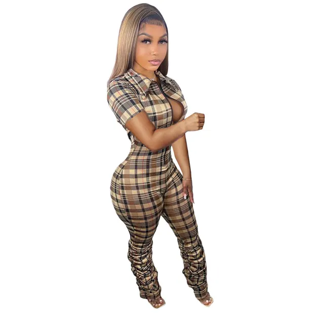 Check Print Slim Fit Crinkled Zip Short Sleeve Jumpsuit Khaki - Shop at LoveMi