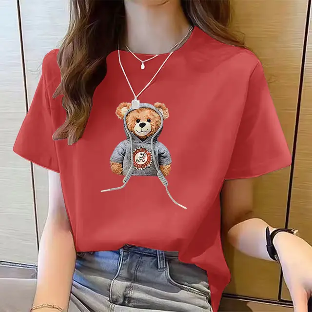 Women's Cute Bear Plus Size Cotton Short Sleeve T shirt 11 Style - Shop at LoveMi