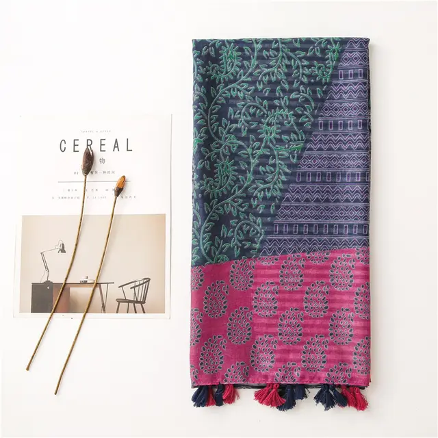 Contrast Color Cotton And Linen Silk Scarf Travel Sun Protection Shawl Printing - Shop at LoveMi