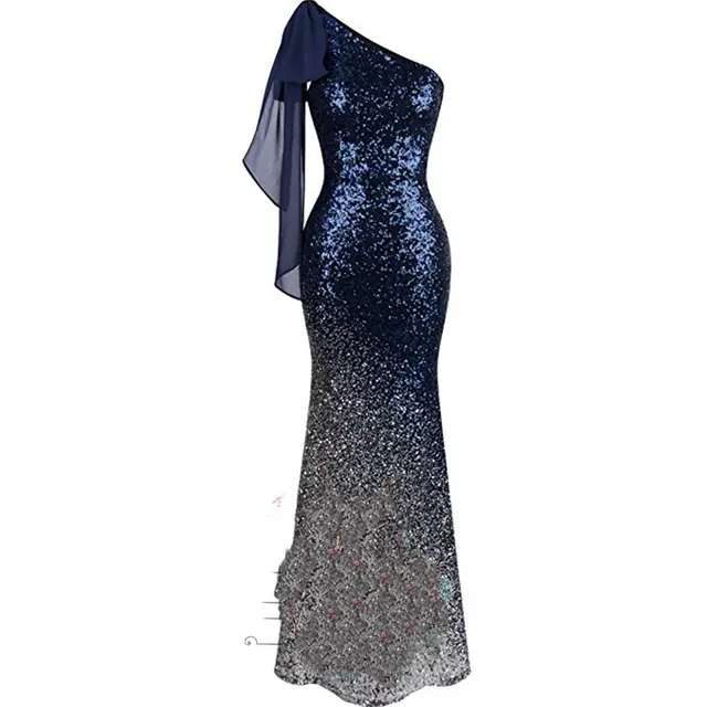 One Shoulder Fishtail Sequin Slim Fit Evening Dress Navy Blue - Shop at LoveMi