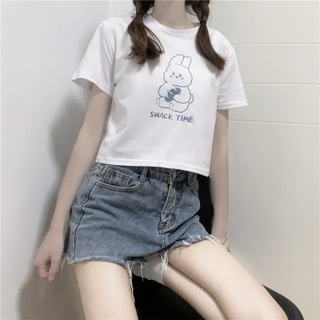 Cute Short Sleeve T shirt Women's High Waist Cropped Navel White - Shop at LoveMi