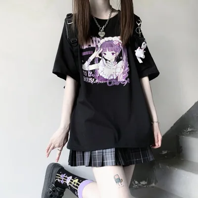 Anime Print White Short Sleeve T Shirt Women Black - Shop at LoveMi