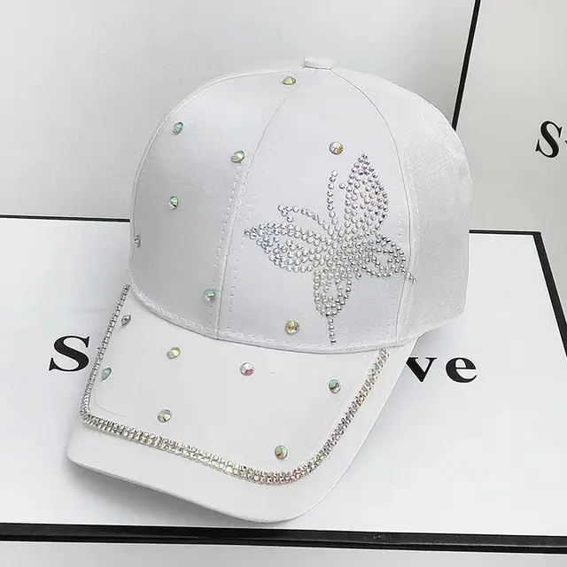 New Women's Rhinestone Butterfly Mercerized Baseball Hat Fashion White - Shop at LoveMi