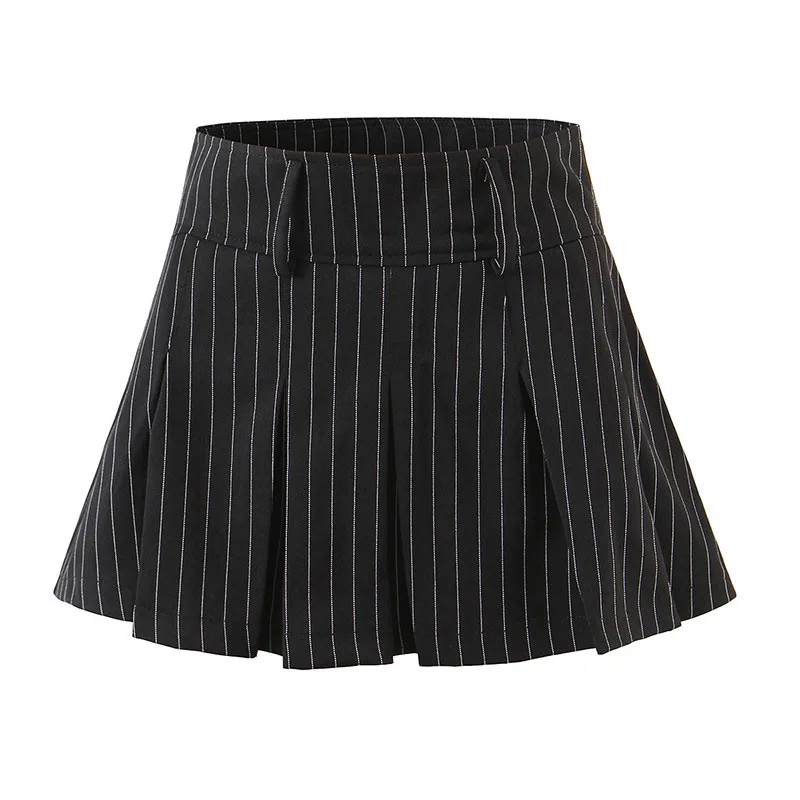 British Style High Waist Thin Striped Pleated Skirt Black - Shop at LoveMi