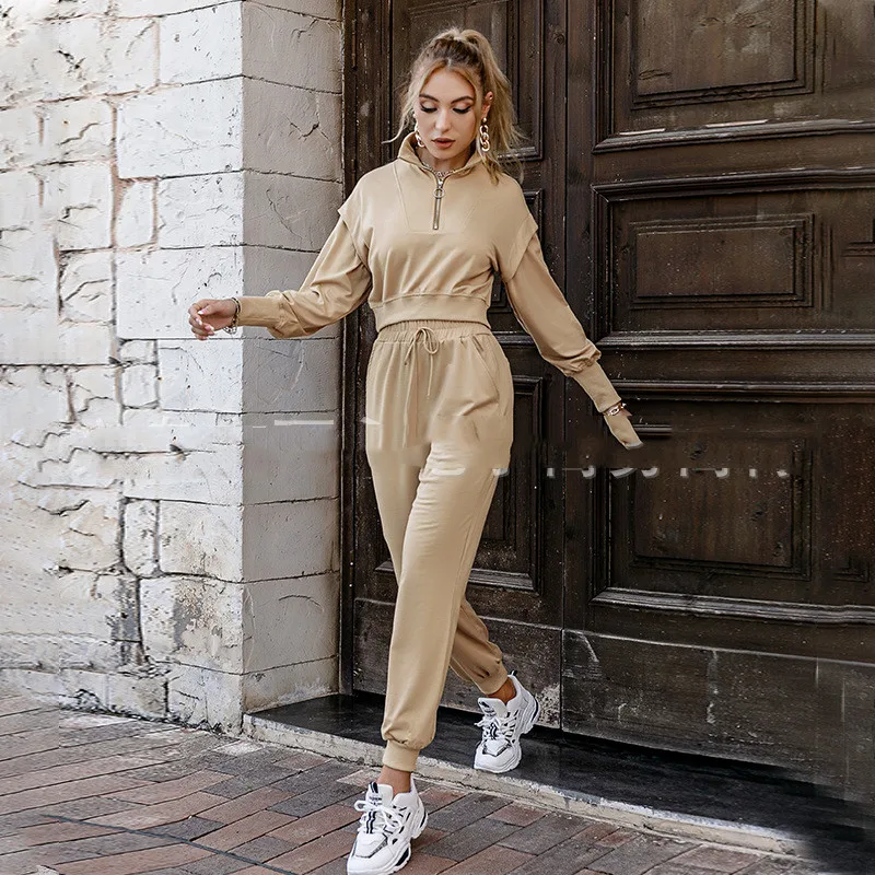 New Solid Color European And American Fashion Knitted Suit - Khaki