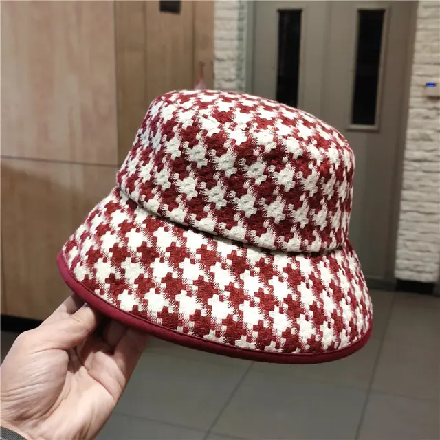 Retro Black And White Classic Thousand Bird Case Fisherman Hat Big Red - Shop at LoveMi