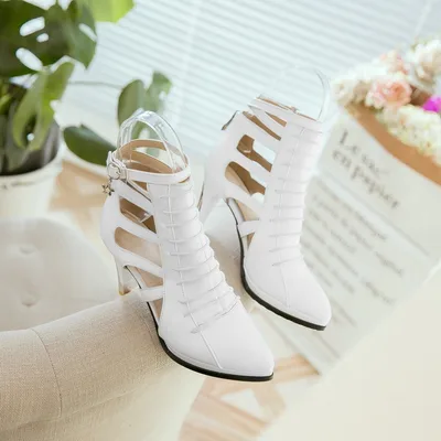 Women's New Roman Zipper Pointed Hollow High Heel Sandals White - Shop at LoveMi
