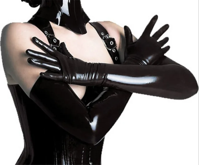Bright Leather Faux Lacquer Gloves Long Glued Latex Temptation Black - Shop at LoveMi