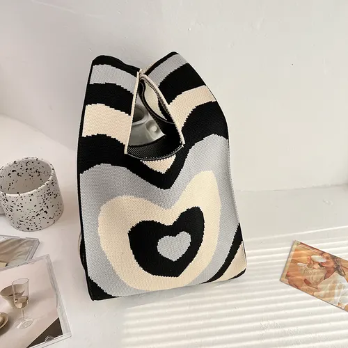 Niche Design Girl Love Colorblock Knitted Handbag Black - Shop at LoveMi