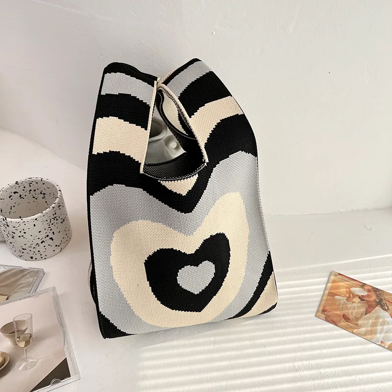 Niche Design Girl Love Colorblock Knitted Handbag Black - Shop at LoveMi