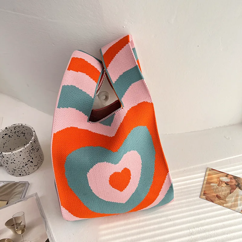 Niche Design Girl Love Colorblock Knitted Handbag Orange - Shop at LoveMi