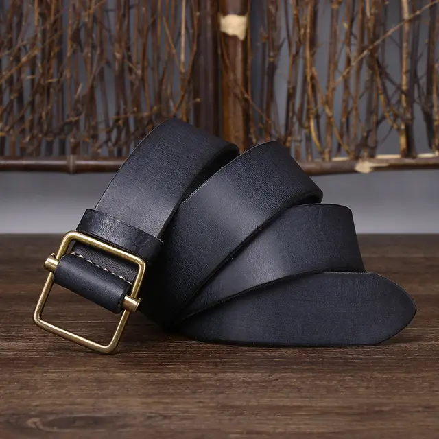 Smooth Buckle Head Layer Cowhide Retro Simple All match Denim Belt Black - Shop at LoveMi