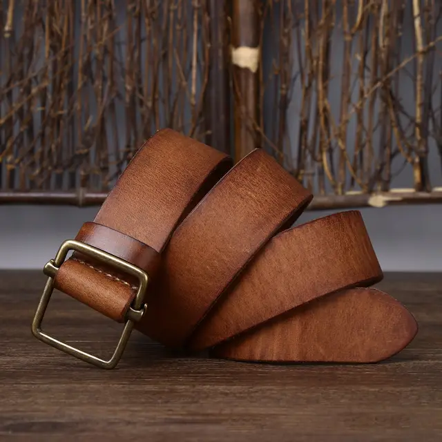 Smooth Buckle Head Layer Cowhide Retro Simple All match Denim Belt Khaki - Shop at LoveMi