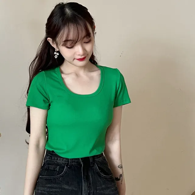 Threaded Cotton Short T Shirt Versatile Round Neck Half Sleeve Top Green - Shop at LoveMi