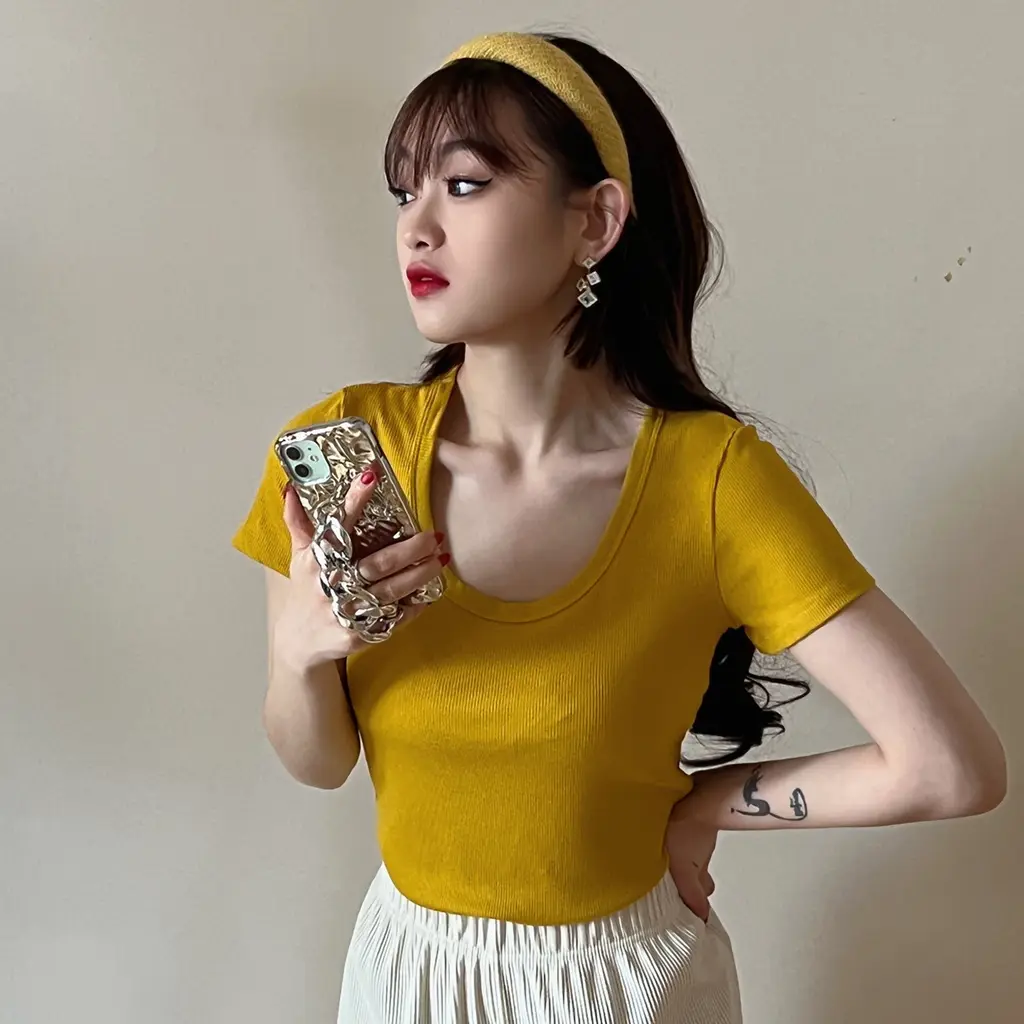 Threaded Cotton Short T-Shirt Versatile Round Neck Half Sleeve Top - Yellow