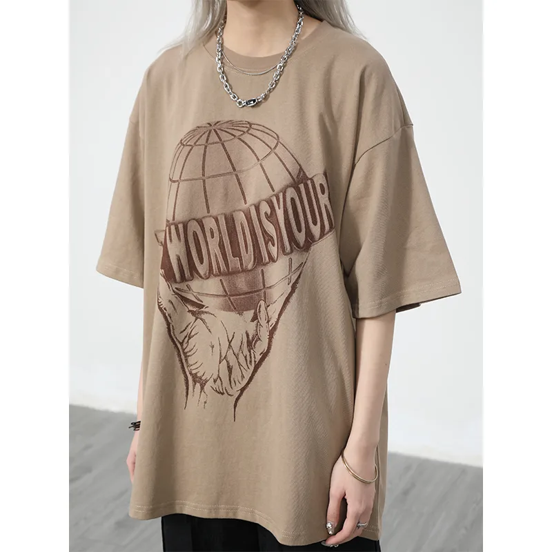 Couple Half Earth Letter Print Short Sleeve T Shirt Coffee - Shop at LoveMi