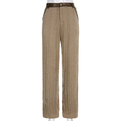 Leather Bump Color Serpentine Texture Wool Woven Wide Leg Trousers Winter Brown - Shop at LoveMi