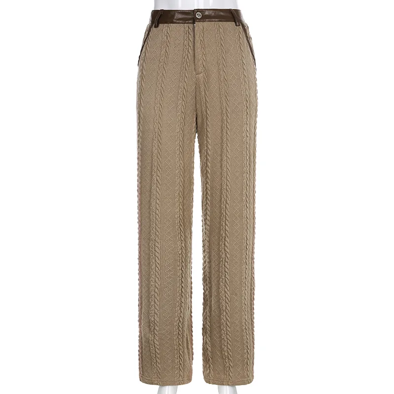 Leather Bump Color Serpentine Texture Wool Woven Wide Leg Trousers Winter Brown - Shop at LoveMi