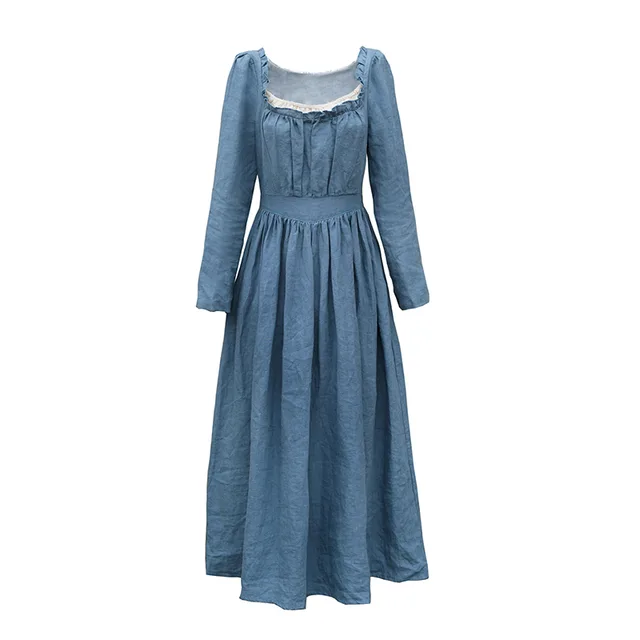 Long Sleeve Square Neck Linen Slim Fit Autumn Winter Dress Blue - Shop at LoveMi