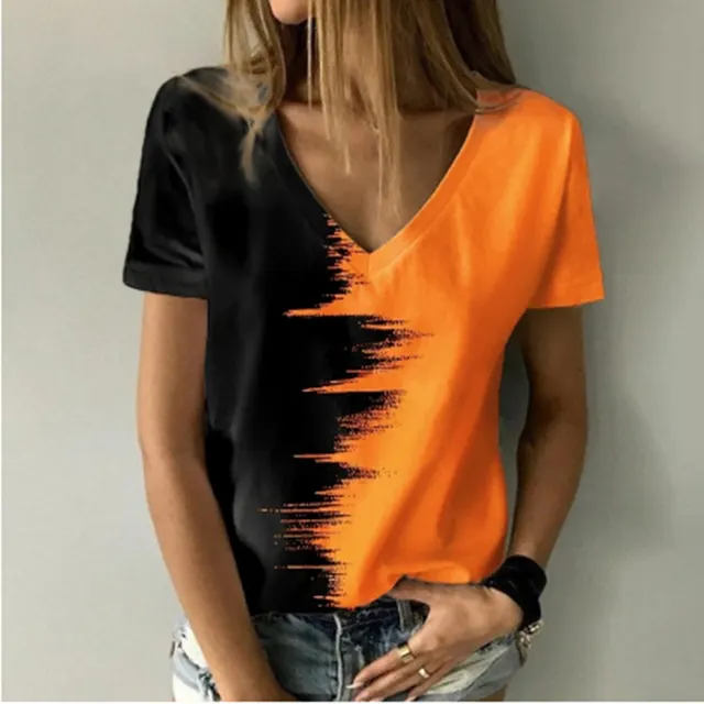 Digital Print V Neck Short Sleeve T Shirt Orange - Shop at LoveMi