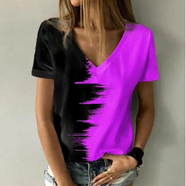 Digital Print V Neck Short Sleeve T Shirt Purple - Shop at LoveMi