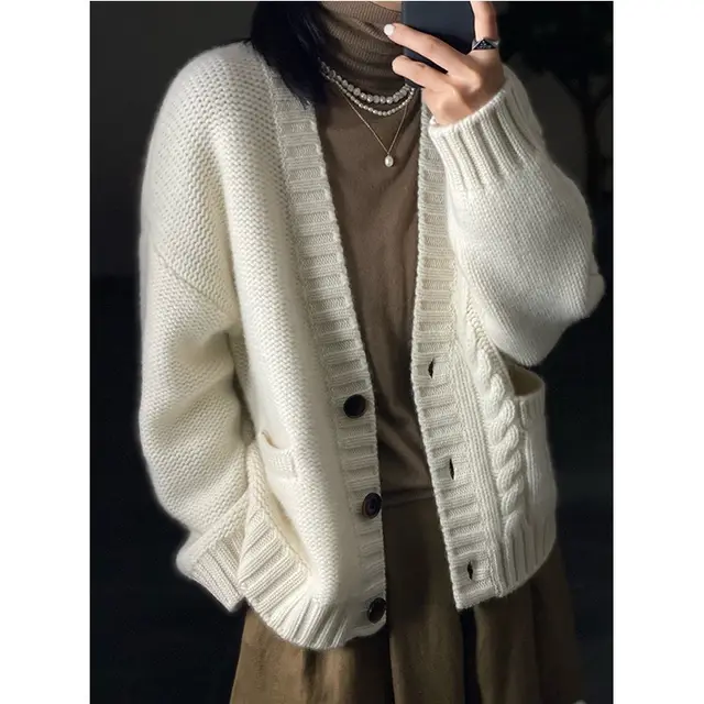 Women's Cashmere Twist Knit Sweater Jacket White - Shop at LoveMi